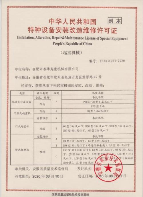 专业铸就安全 合肥市春华起重特种设备安装改造维修许可证的重要性